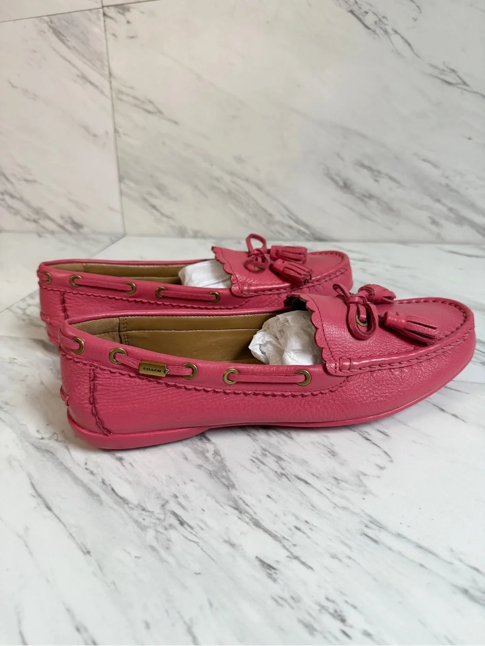 2/$100 NEW Coach Pink Pebbled Leather Tassel Moccasin Loafers Driving Flats 9.5M - Picture 4 of 5
